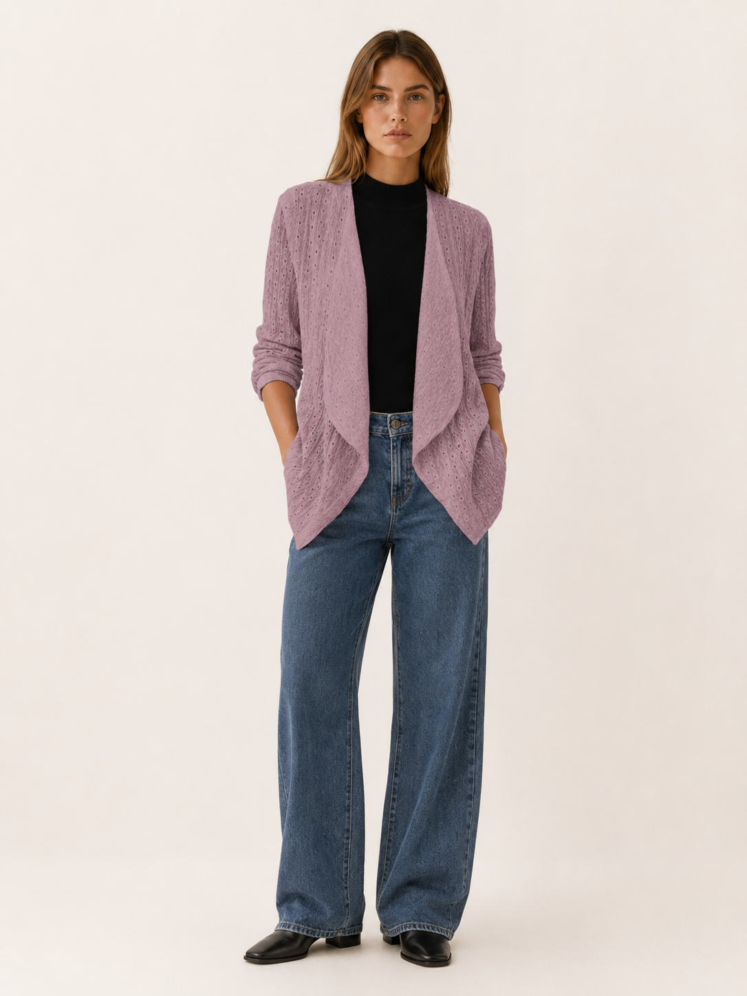 Sabine | Open Front Cardigan with Eyelet Detail and Roll-Tab Sleeves