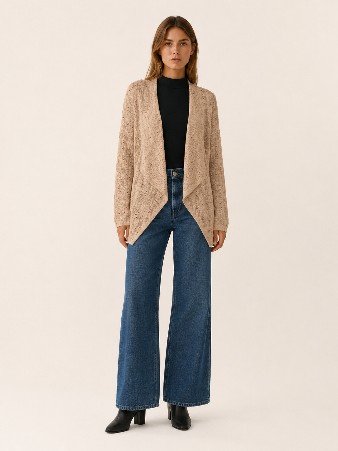 Sabine | Open Front Cardigan with Eyelet Detail and Roll-Tab Sleeves