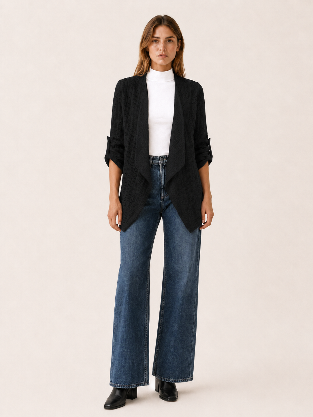 Sabine | Open Front Cardigan with Eyelet Detail and Roll-Tab Sleeves