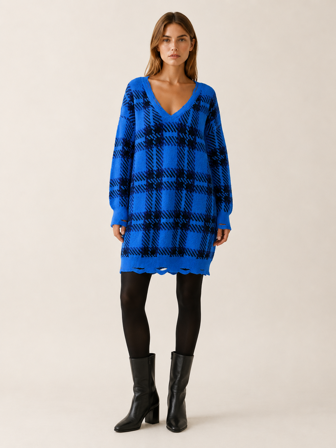 Oryssia | Jumper Dress with Check Pattern and Distressed Hem