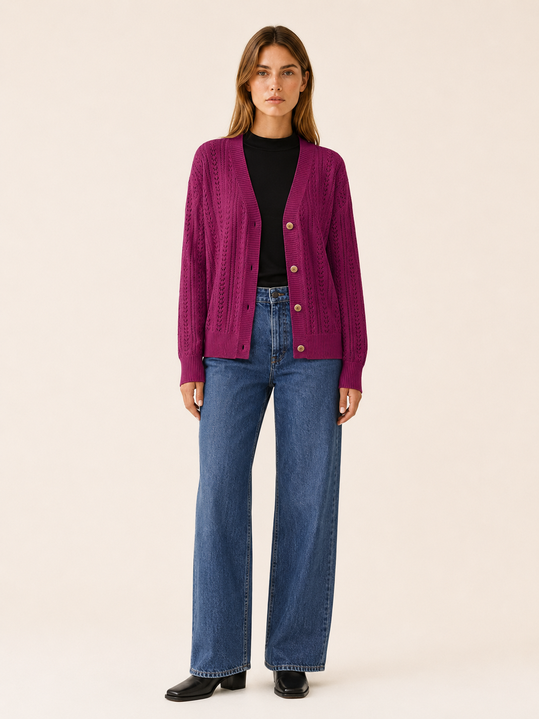 Pernille | V-Neck Cardigan with Openwork Detail and Button Front