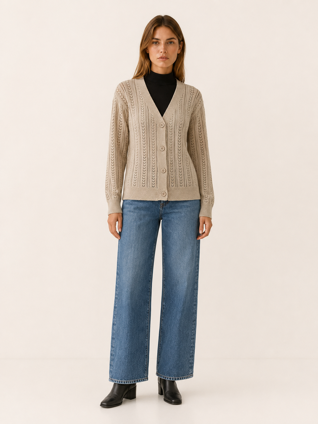 Pernille | V-Neck Cardigan with Openwork Detail and Button Front