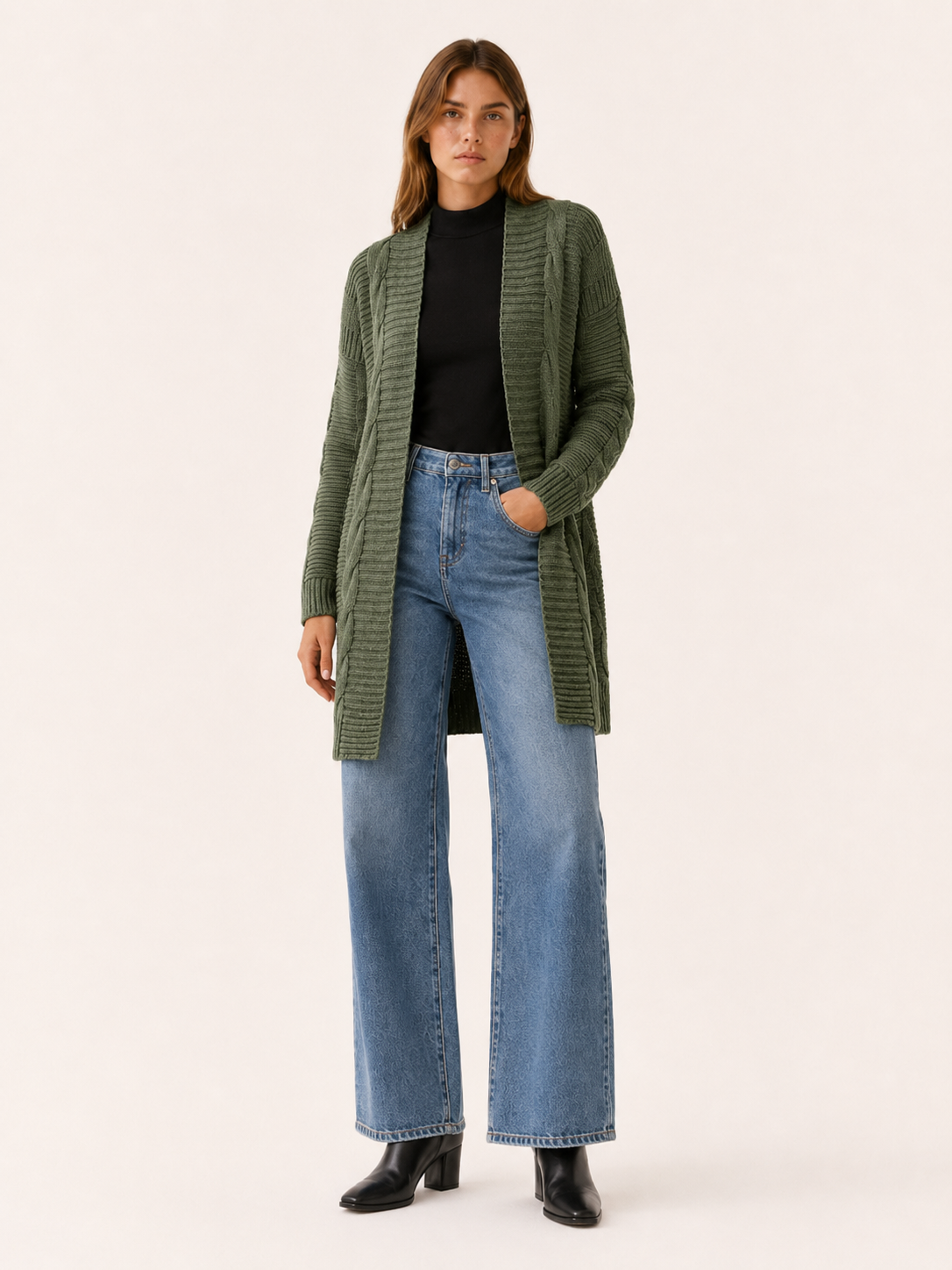 Petra | Long Cardigan with Open Front and Textured Detail