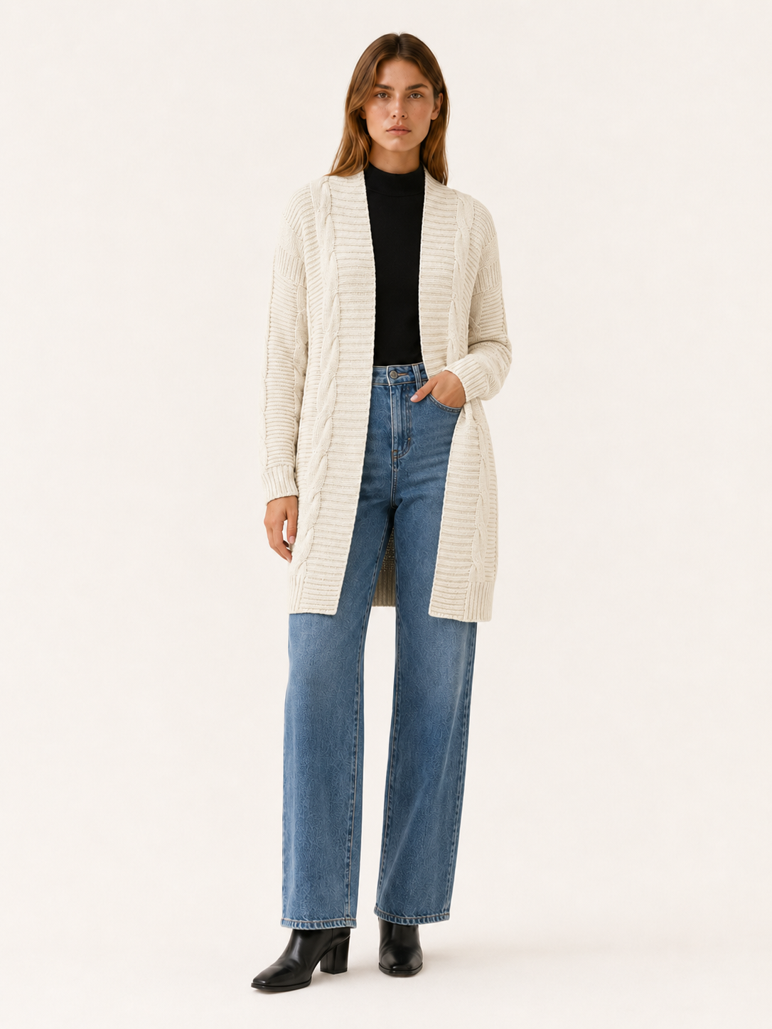Petra | Long Cardigan with Open Front and Textured Detail