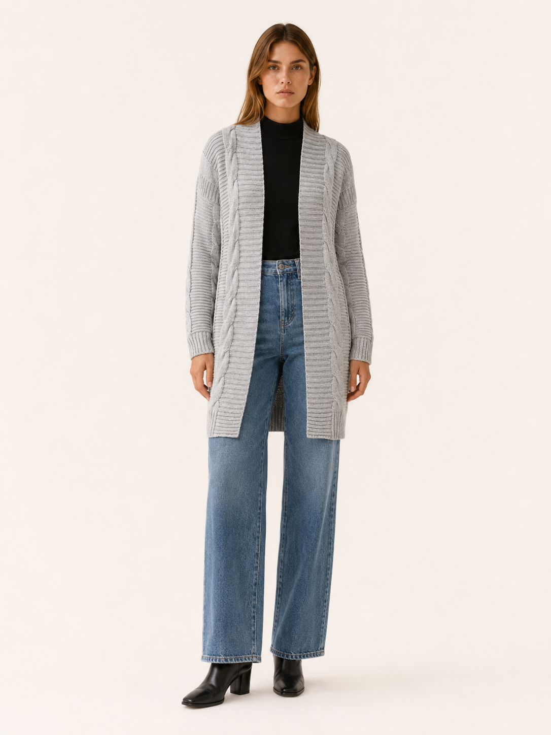 Petra | Long Cardigan with Open Front and Textured Detail