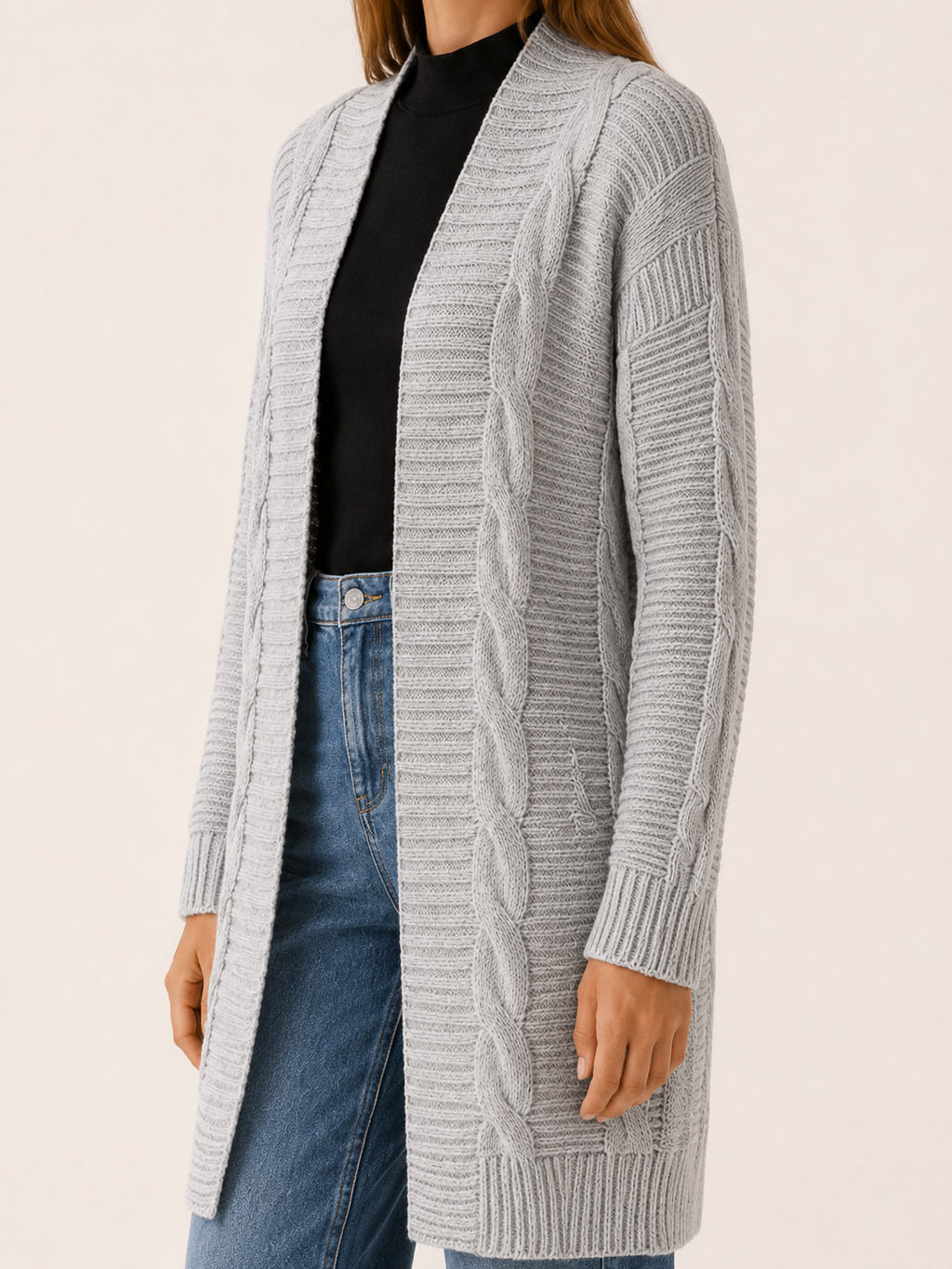 Petra | Long Cardigan with Open Front and Textured Detail