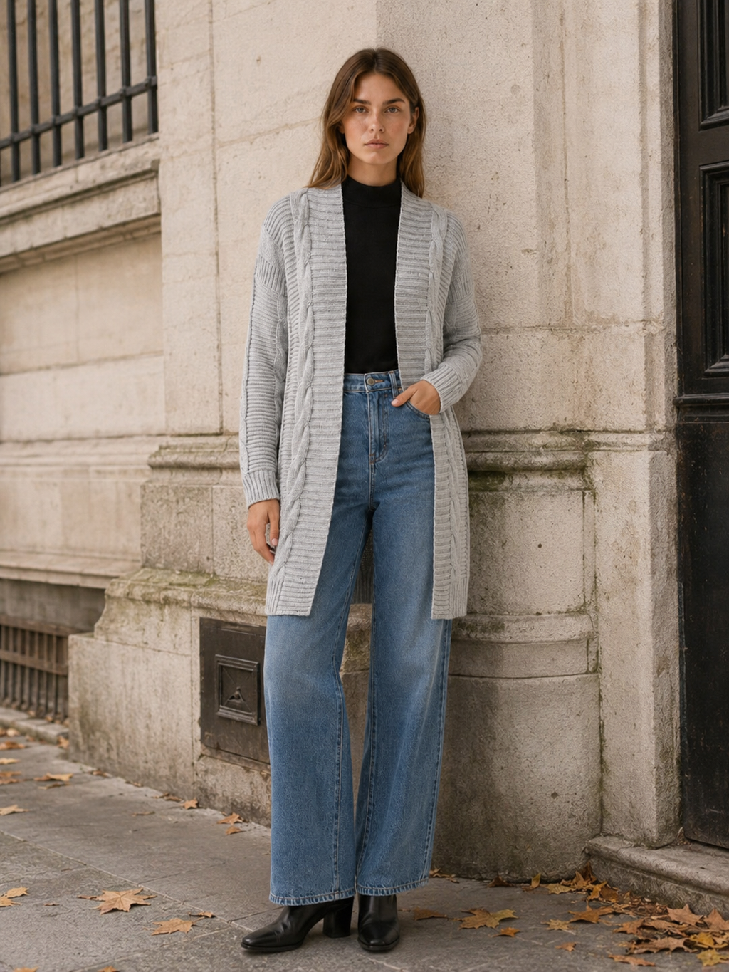Petra | Long Cardigan with Open Front and Textured Detail