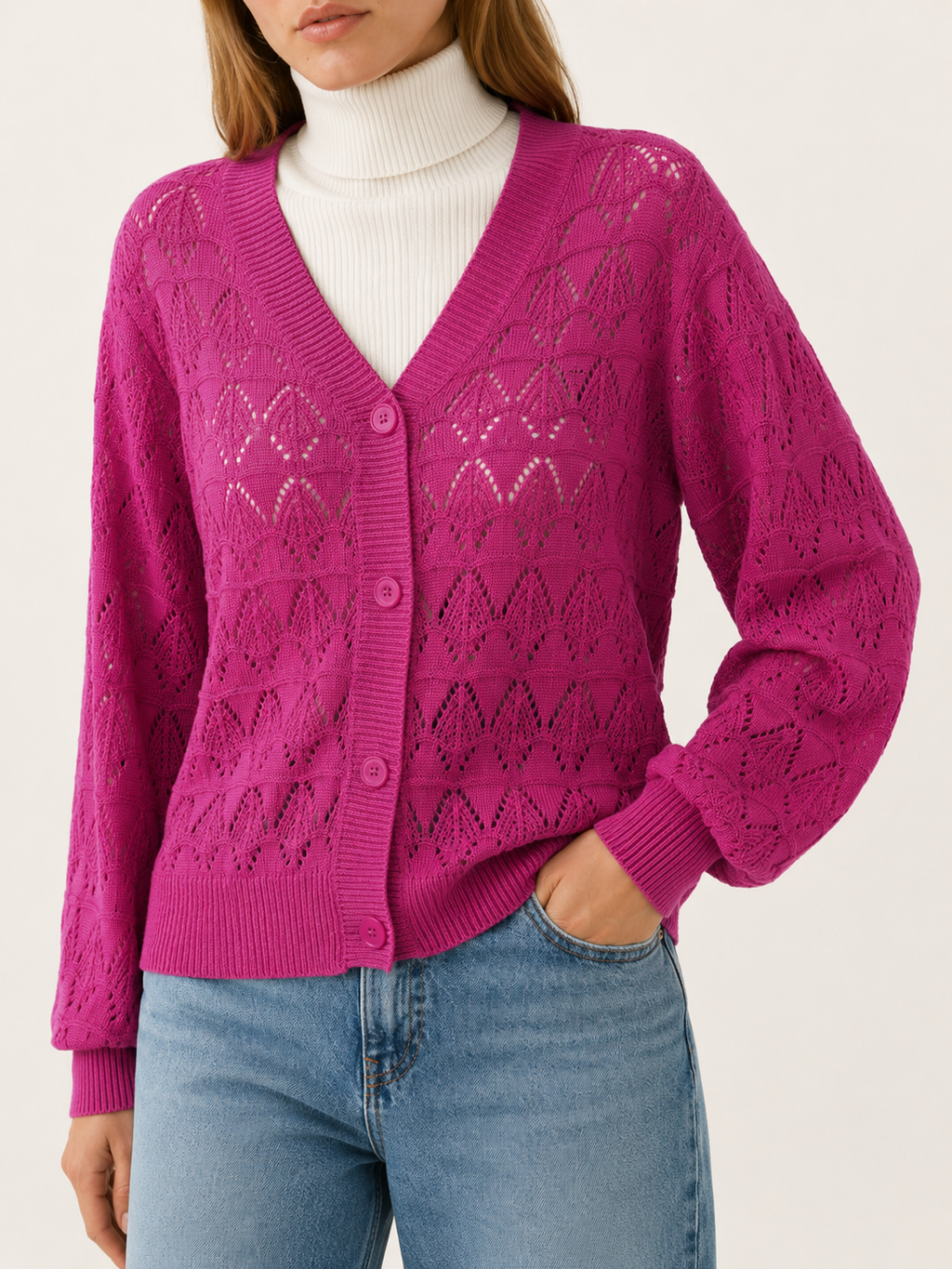 Phoebe | V-Neck Cardigan with Openwork Detail and Button Front