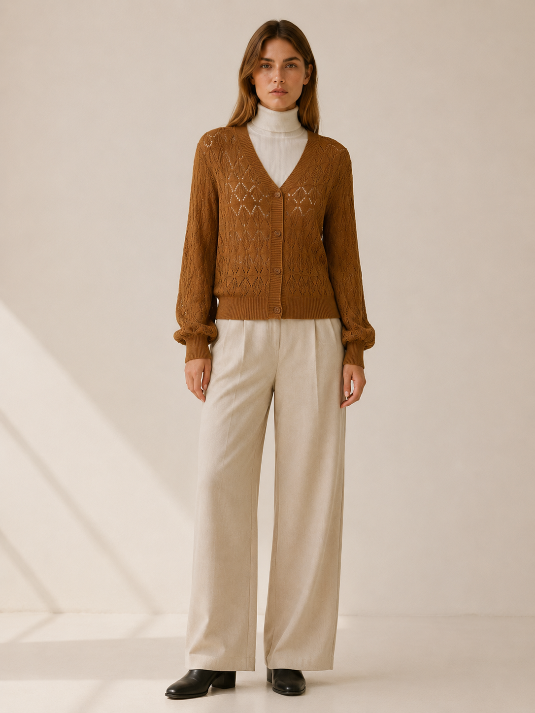 Phoebe | V-Neck Cardigan with Openwork Detail and Button Front