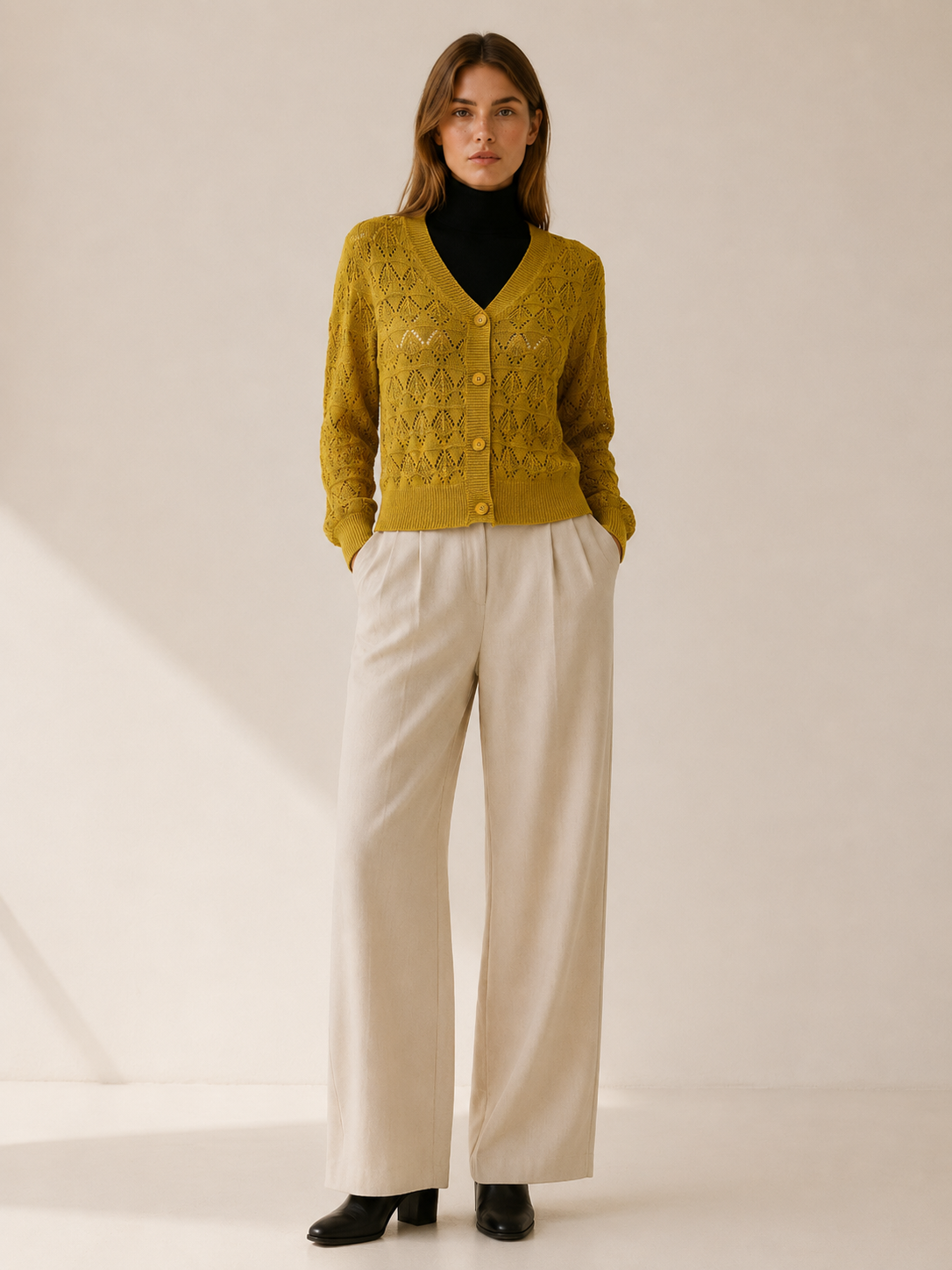 Phoebe | V-Neck Cardigan with Openwork Detail and Button Front