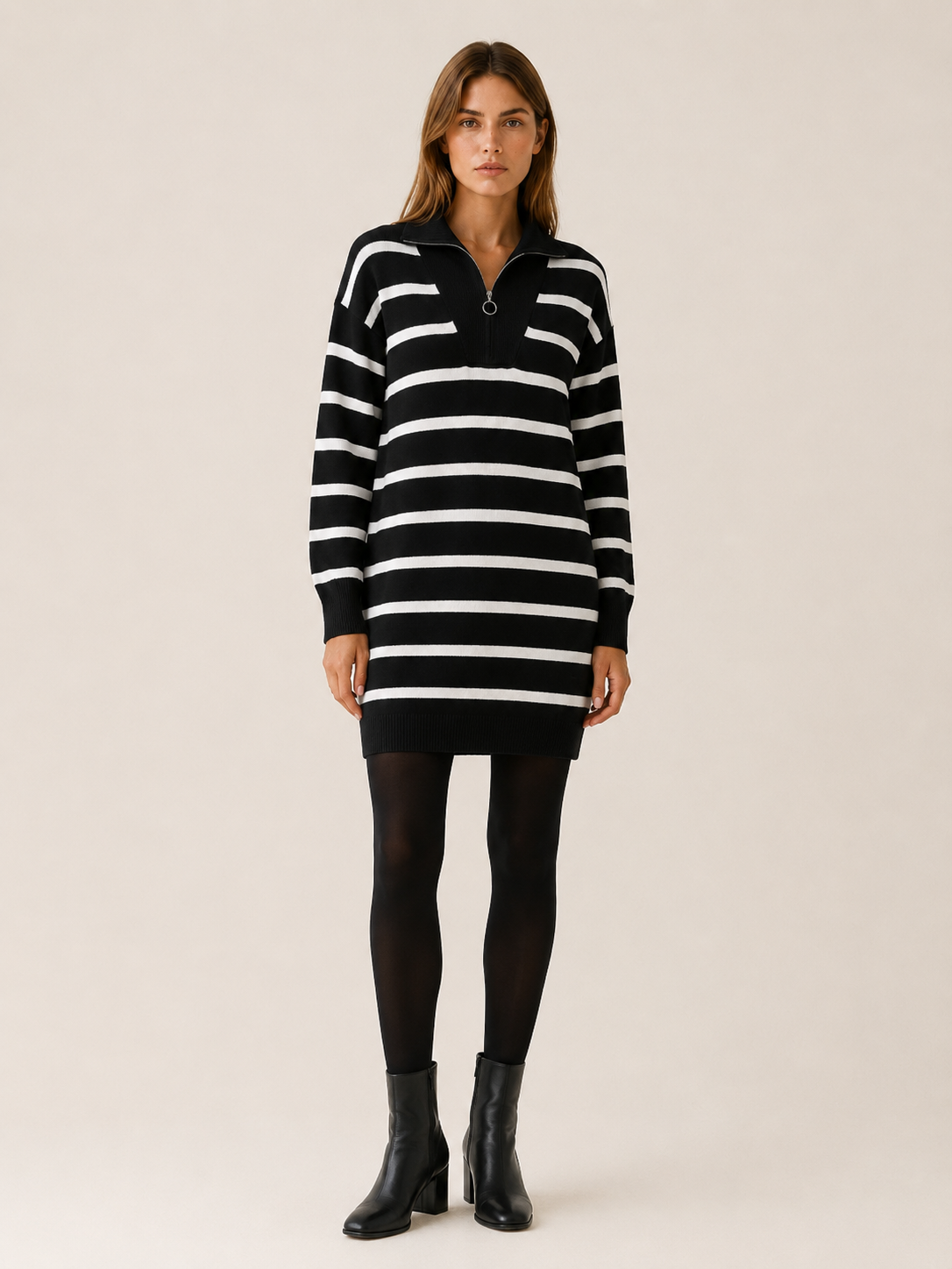 Ravessia | Jumper Dress with Quarter Zip and Striped Detail