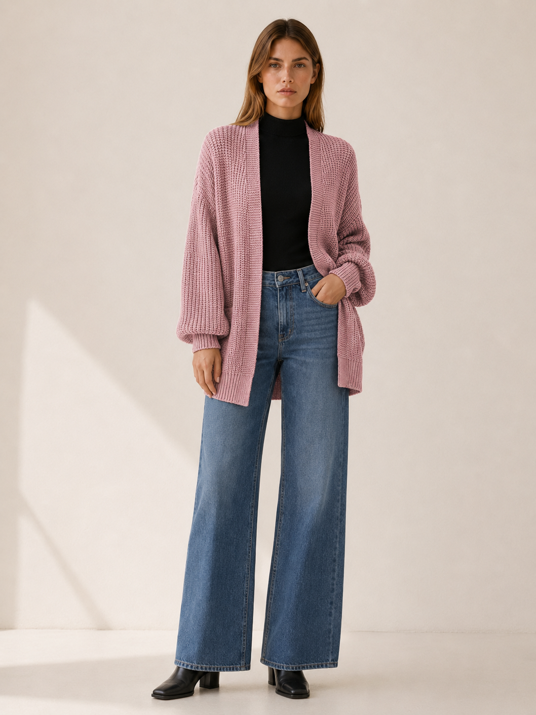 Soraya | Long Cardigan with Balloon Sleeves and Open Front