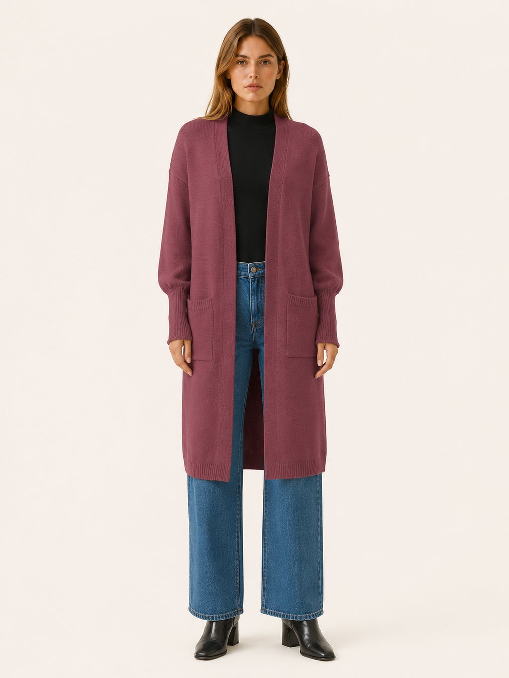 Thalina | Long Cardigan with Balloon Sleeves and Front Pockets