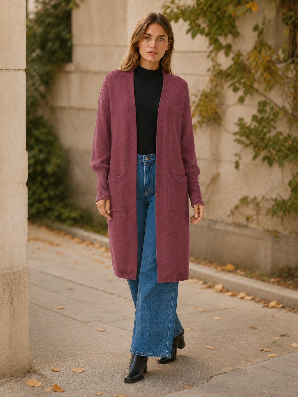 Thalina | Long Cardigan with Balloon Sleeves and Front Pockets