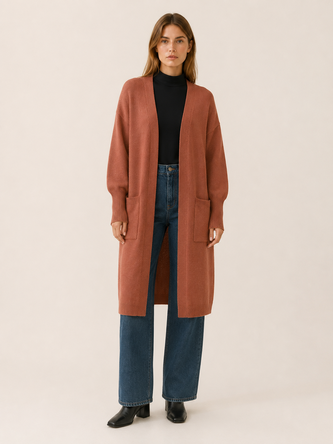 Thalina | Long Cardigan with Balloon Sleeves and Front Pockets