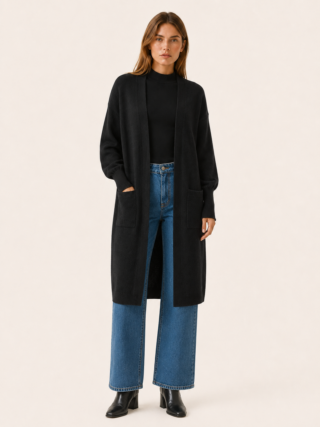 Thalina | Long Cardigan with Balloon Sleeves and Front Pockets