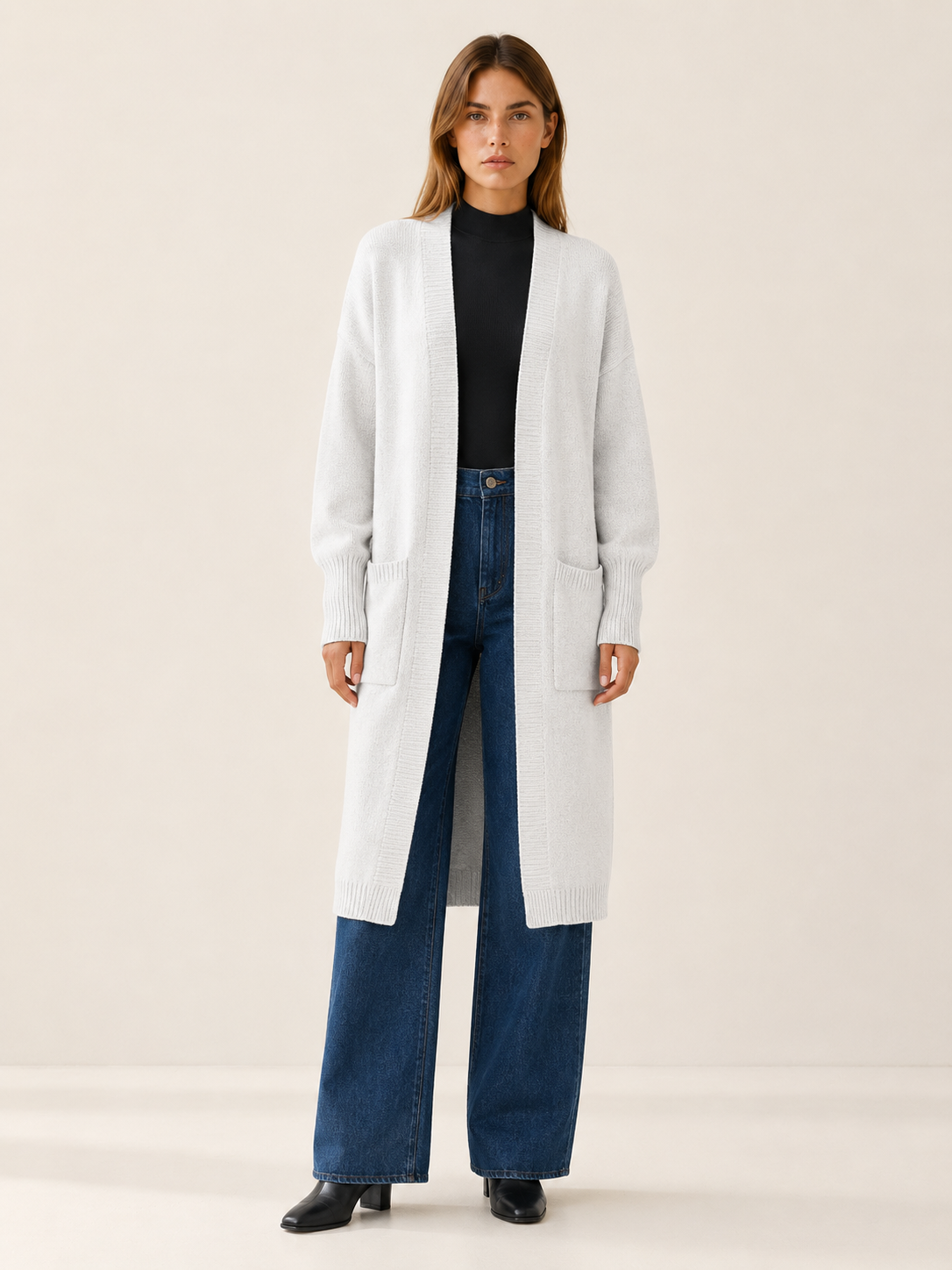 Thalina | Long Cardigan with Balloon Sleeves and Front Pockets