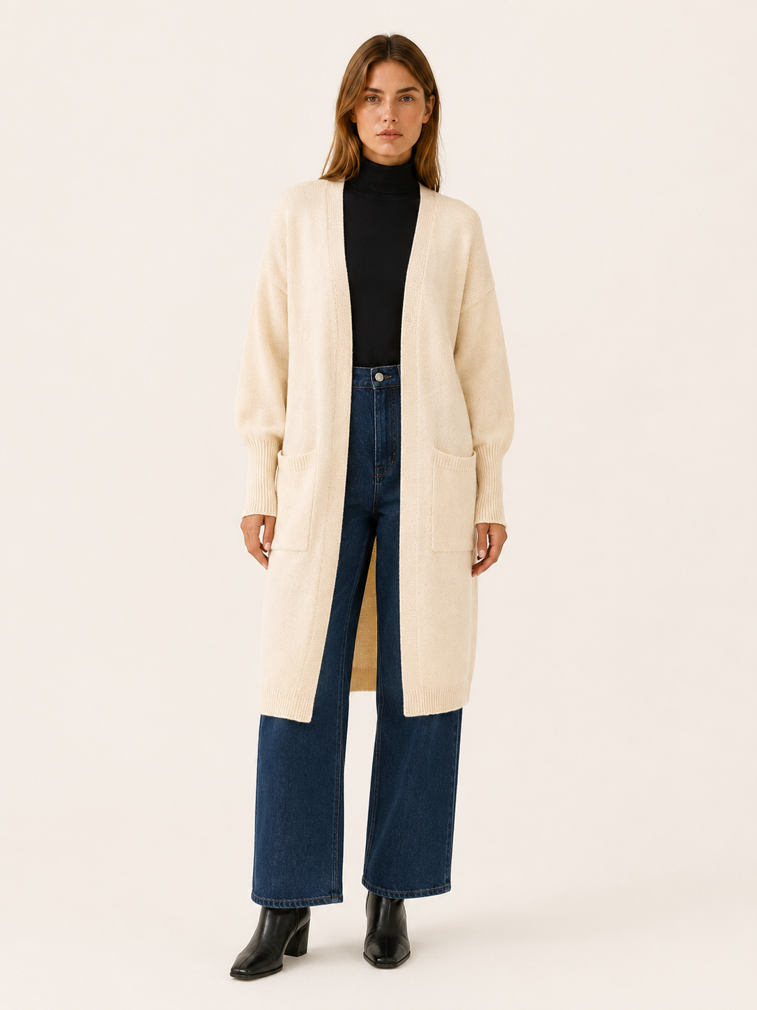 Thalina | Long Cardigan with Balloon Sleeves and Front Pockets