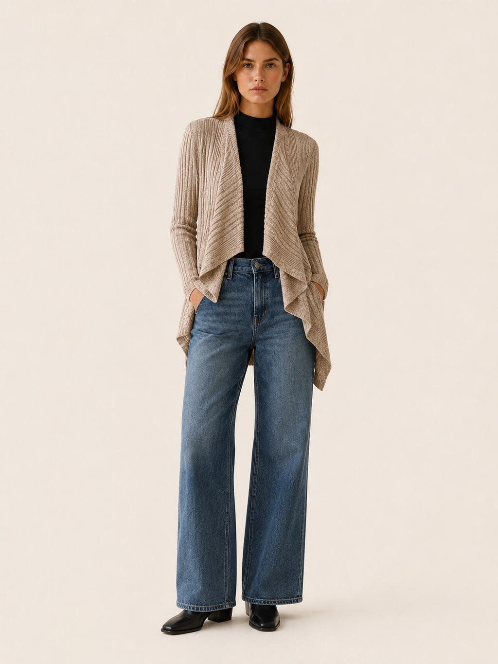 Tove | Waterfall Cardigan with Ribbed Detail and Draped Hem