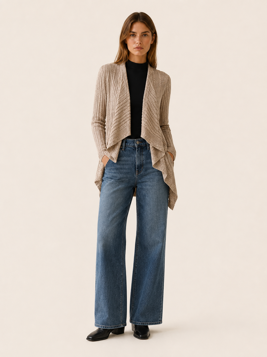 Tove | Waterfall Cardigan with Ribbed Detail and Draped Hem