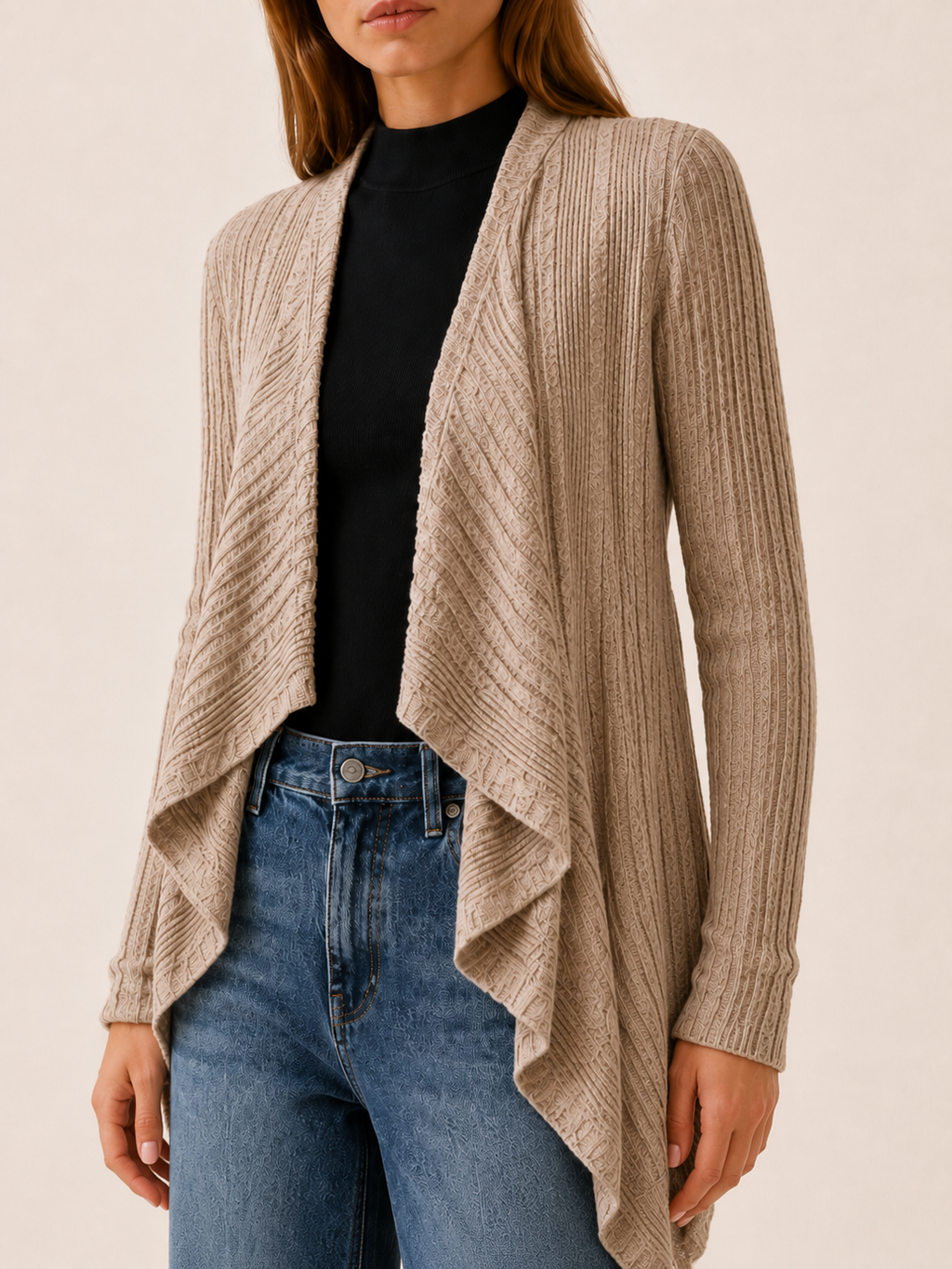 Tove | Waterfall Cardigan with Ribbed Detail and Draped Hem