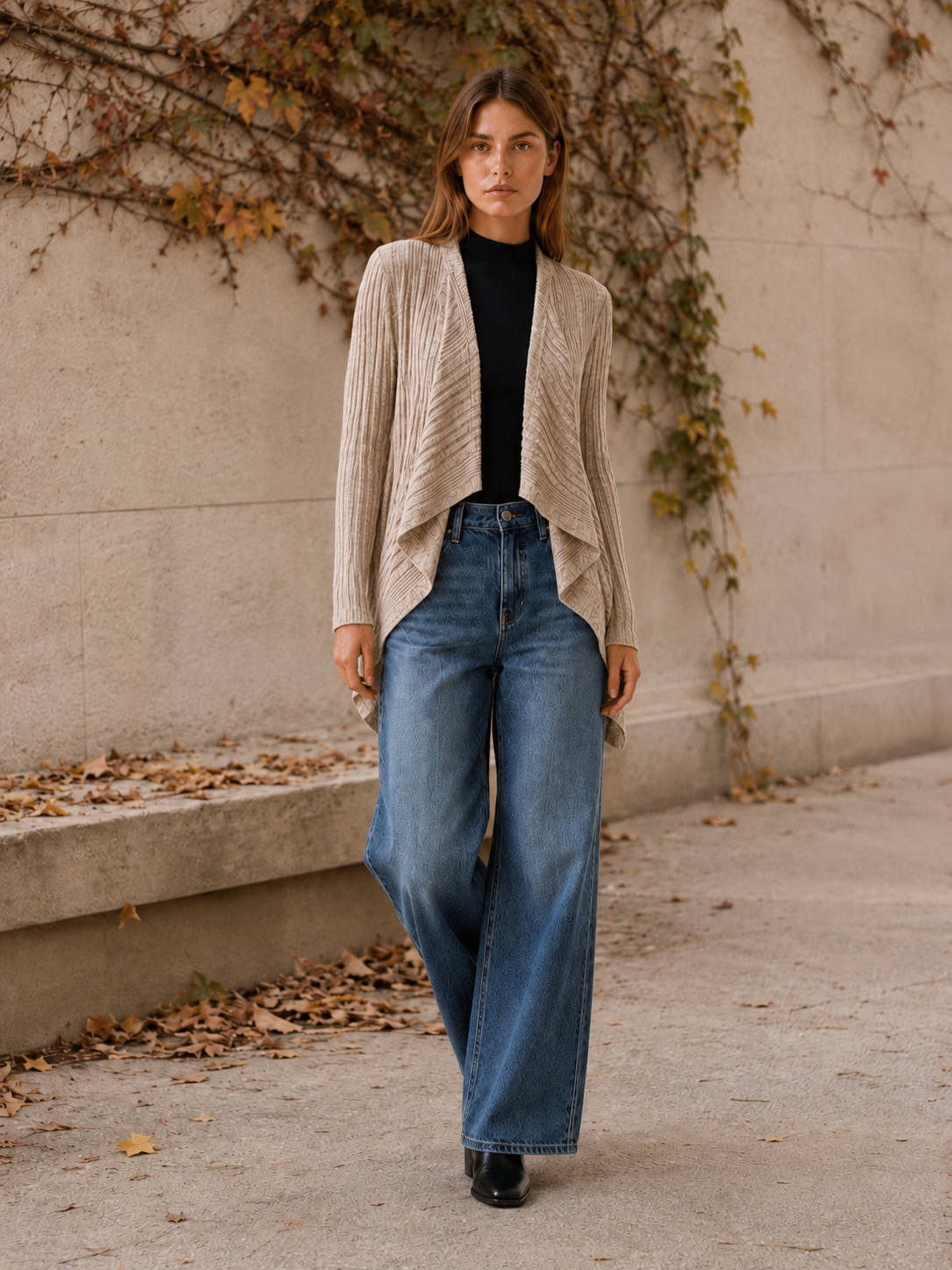 Tove | Waterfall Cardigan with Ribbed Detail and Draped Hem