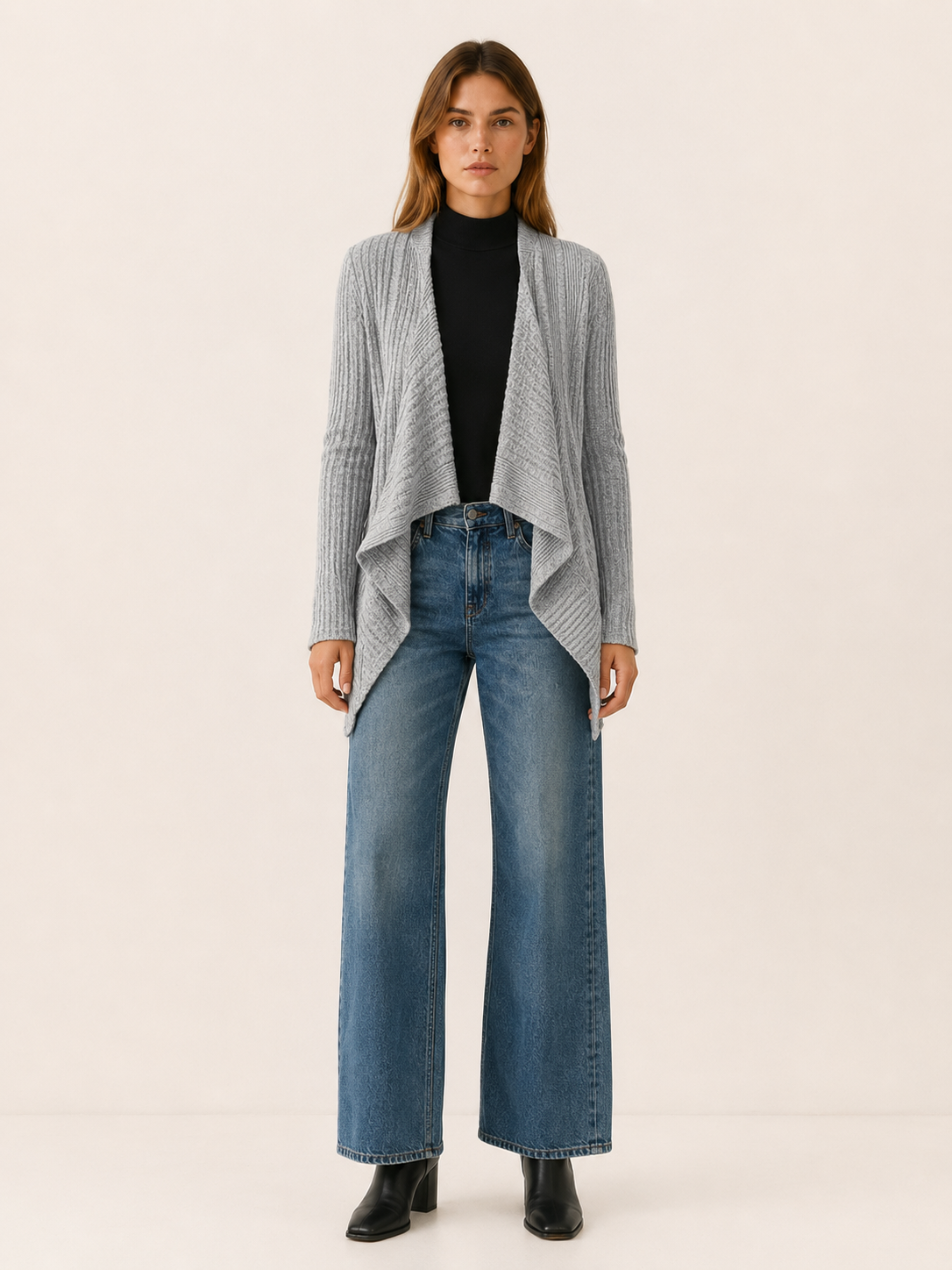 Tove | Waterfall Cardigan with Ribbed Detail and Draped Hem