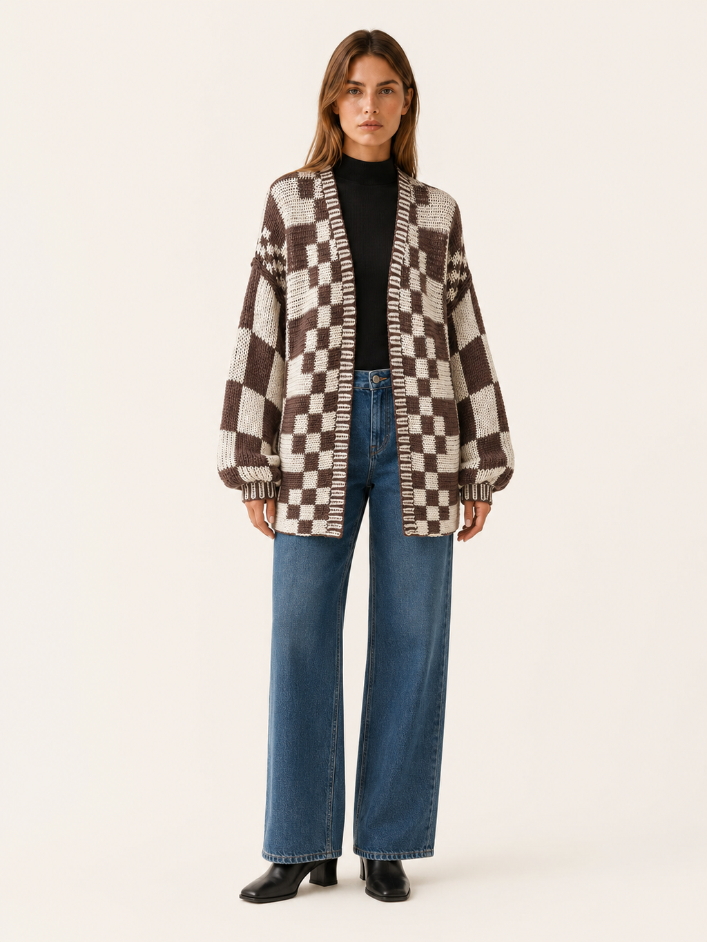 Velyndis | Cardigan with Checkerboard Pattern and Balloon Sleeves