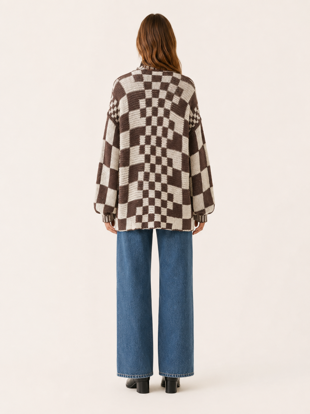 Velyndis | Cardigan with Checkerboard Pattern and Balloon Sleeves
