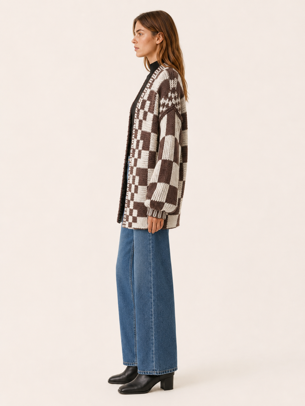 Velyndis | Cardigan with Checkerboard Pattern and Balloon Sleeves