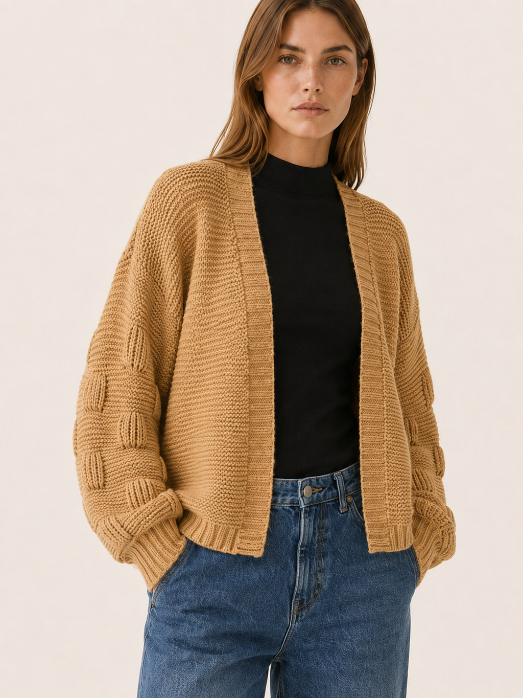 Vesper | Cardigan with Open Front and Ribbed Trim