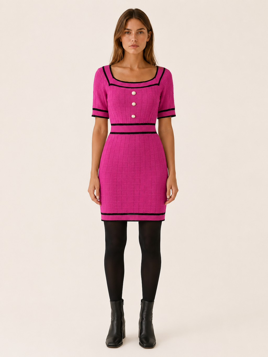 Virelia | Sweater Dress with Square Neck and Button Detail