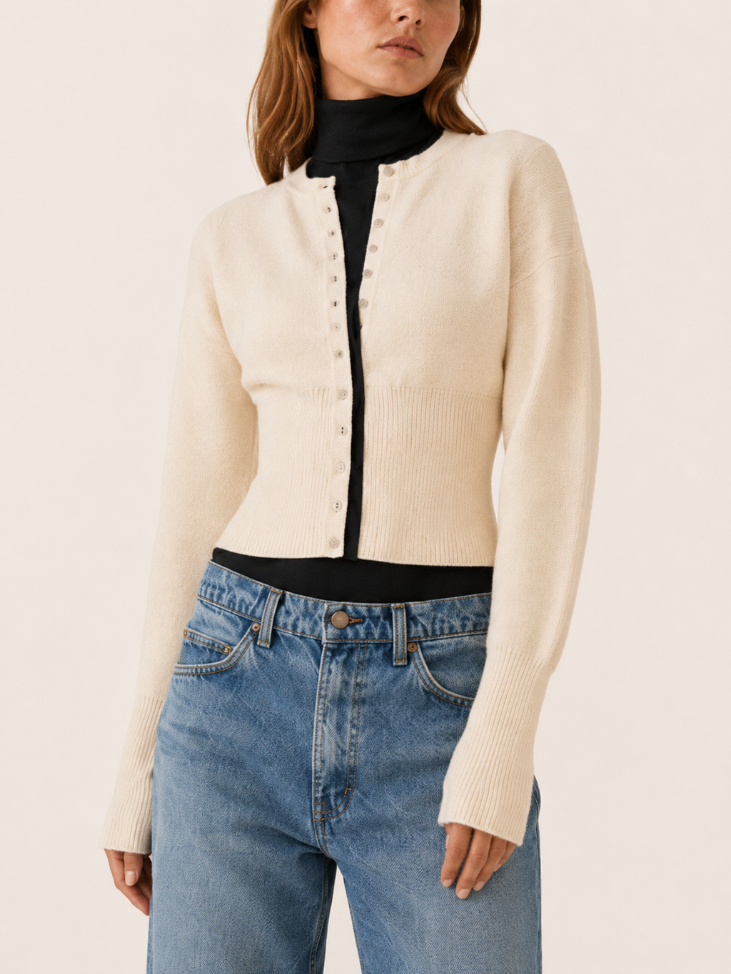 Virelora | Cropped Cardigan with Button Front and Ribbed Waist