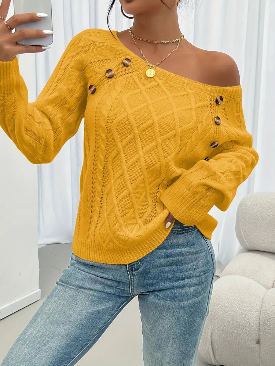Penelope | Women's Cable Knit Sweater with Raglan Sleeves and Button Detail