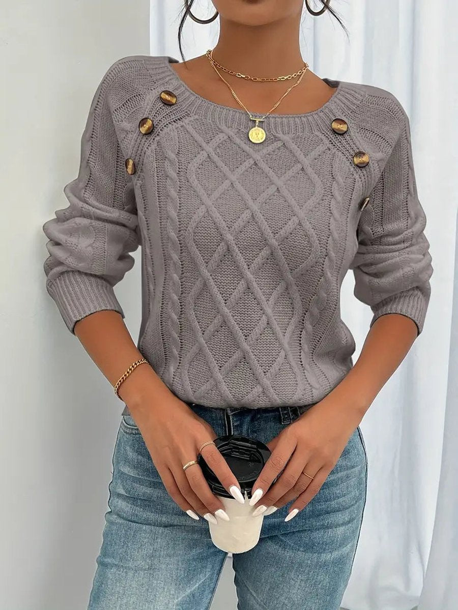 Penelope | Women's Cable Knit Sweater with Raglan Sleeves and Button Detail