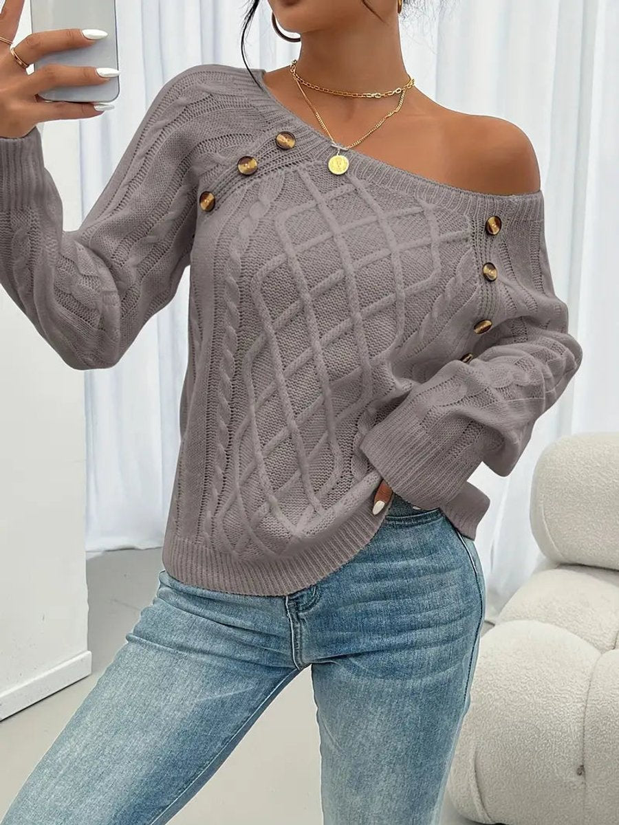 Penelope | Women's Cable Knit Sweater with Raglan Sleeves and Button Detail
