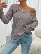 Penelope | Women's Cable Knit Sweater with Raglan Sleeves and Button Detail