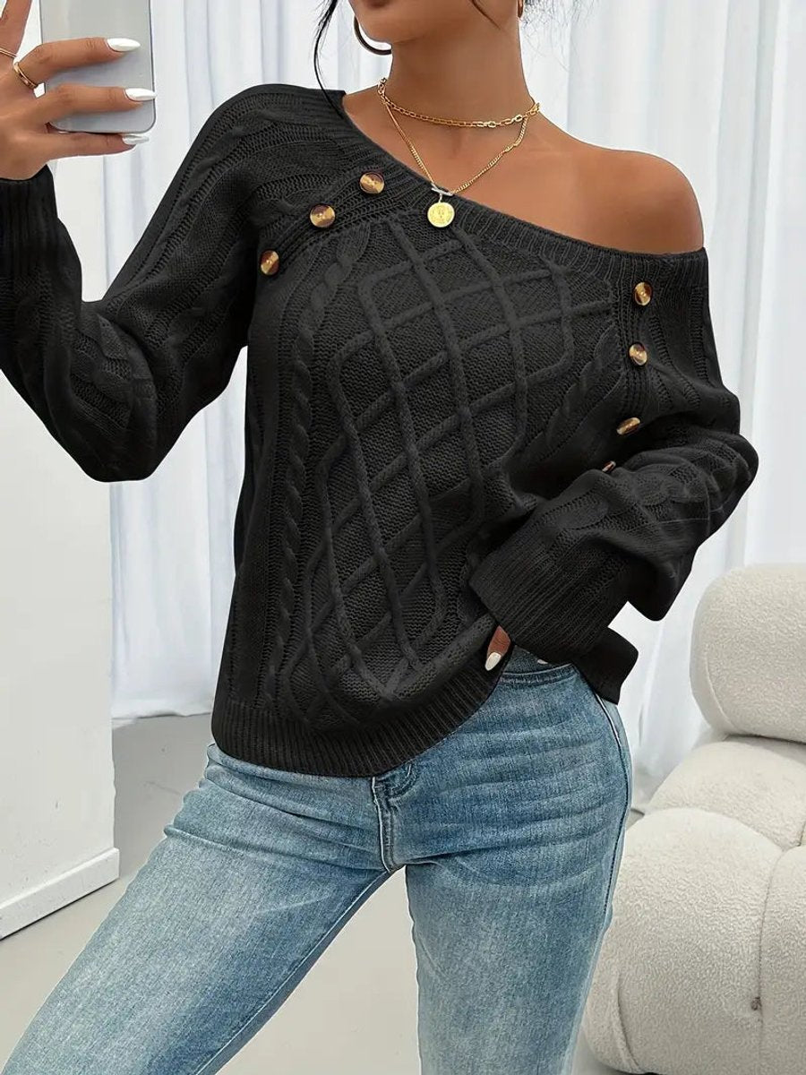 Penelope | Women's Cable Knit Sweater with Raglan Sleeves and Button Detail