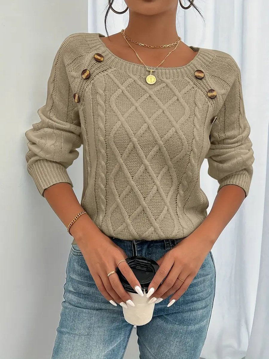 Penelope | Women's Cable Knit Sweater with Raglan Sleeves and Button Detail