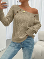 Penelope | Women's Cable Knit Sweater with Raglan Sleeves and Button Detail