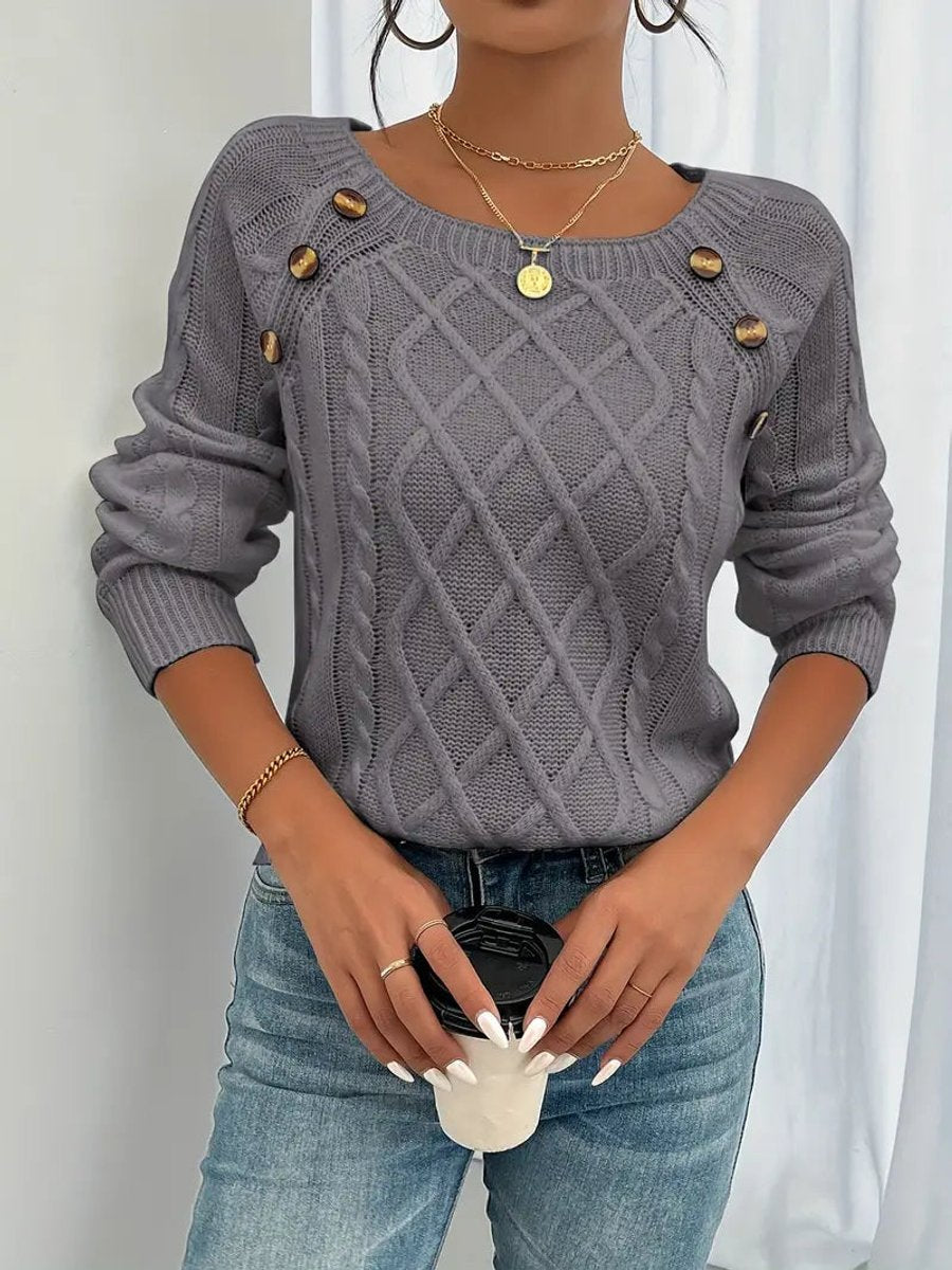Penelope | Women's Cable Knit Sweater with Raglan Sleeves and Button Detail