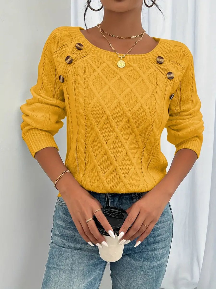 Penelope | Women's Cable Knit Sweater with Raglan Sleeves and Button Detail