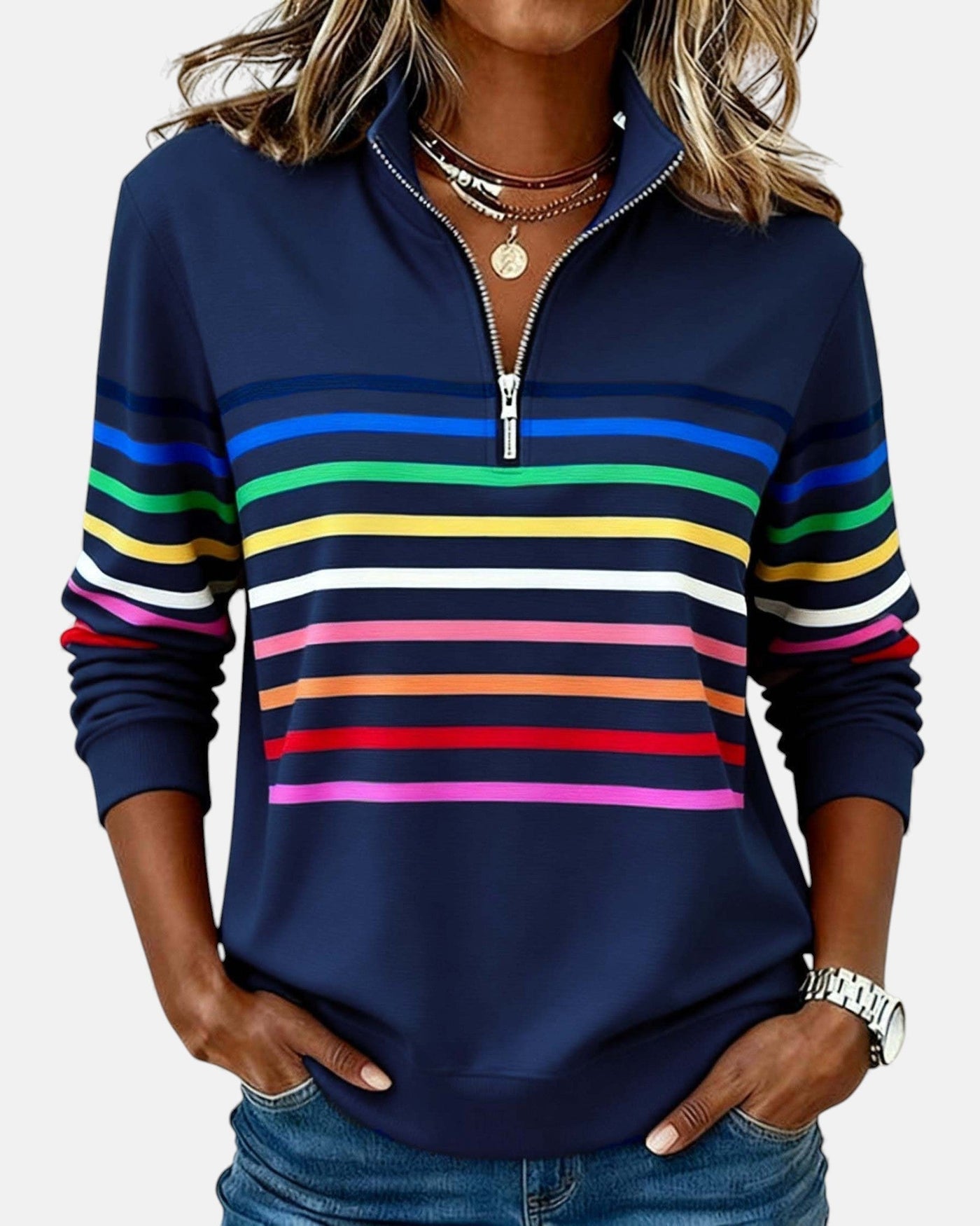 Madison | Women's Quarter Zip Sweatshirt with Striped Long Sleeves