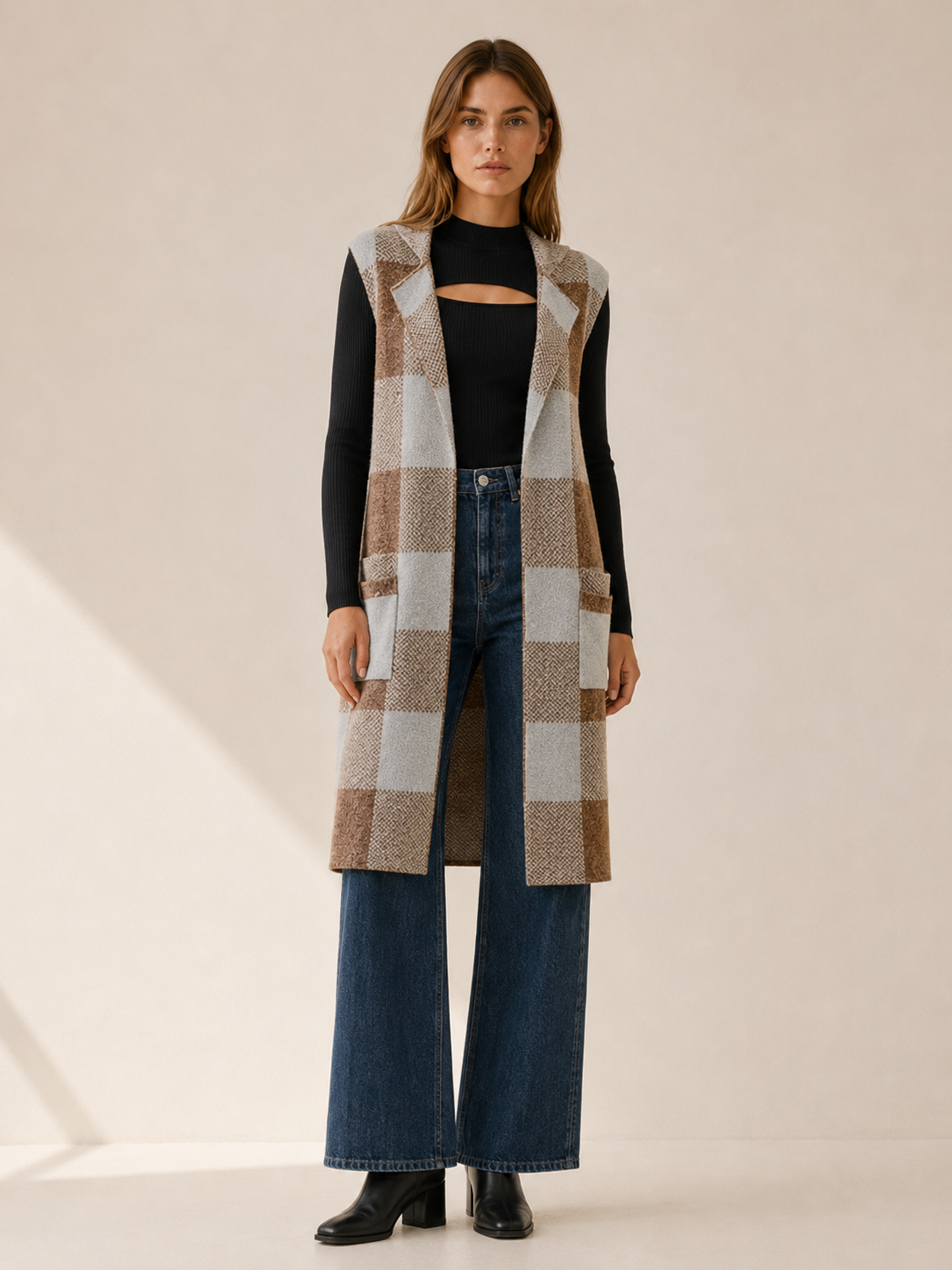 Aveline | Long Cardigan with Open Front and Striped Design