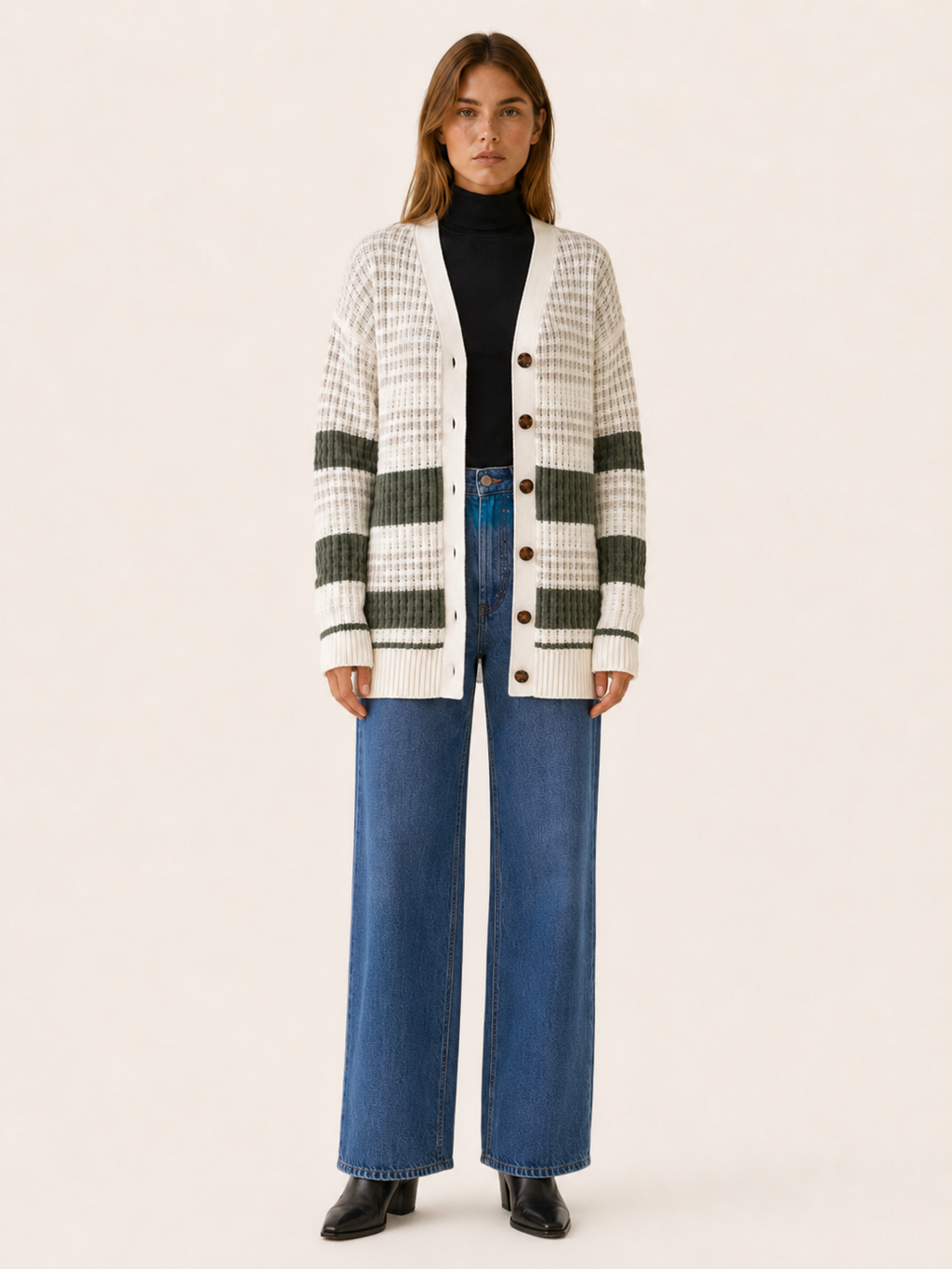 Zanora | Striped Cardigan with Button Front and Patch Pockets