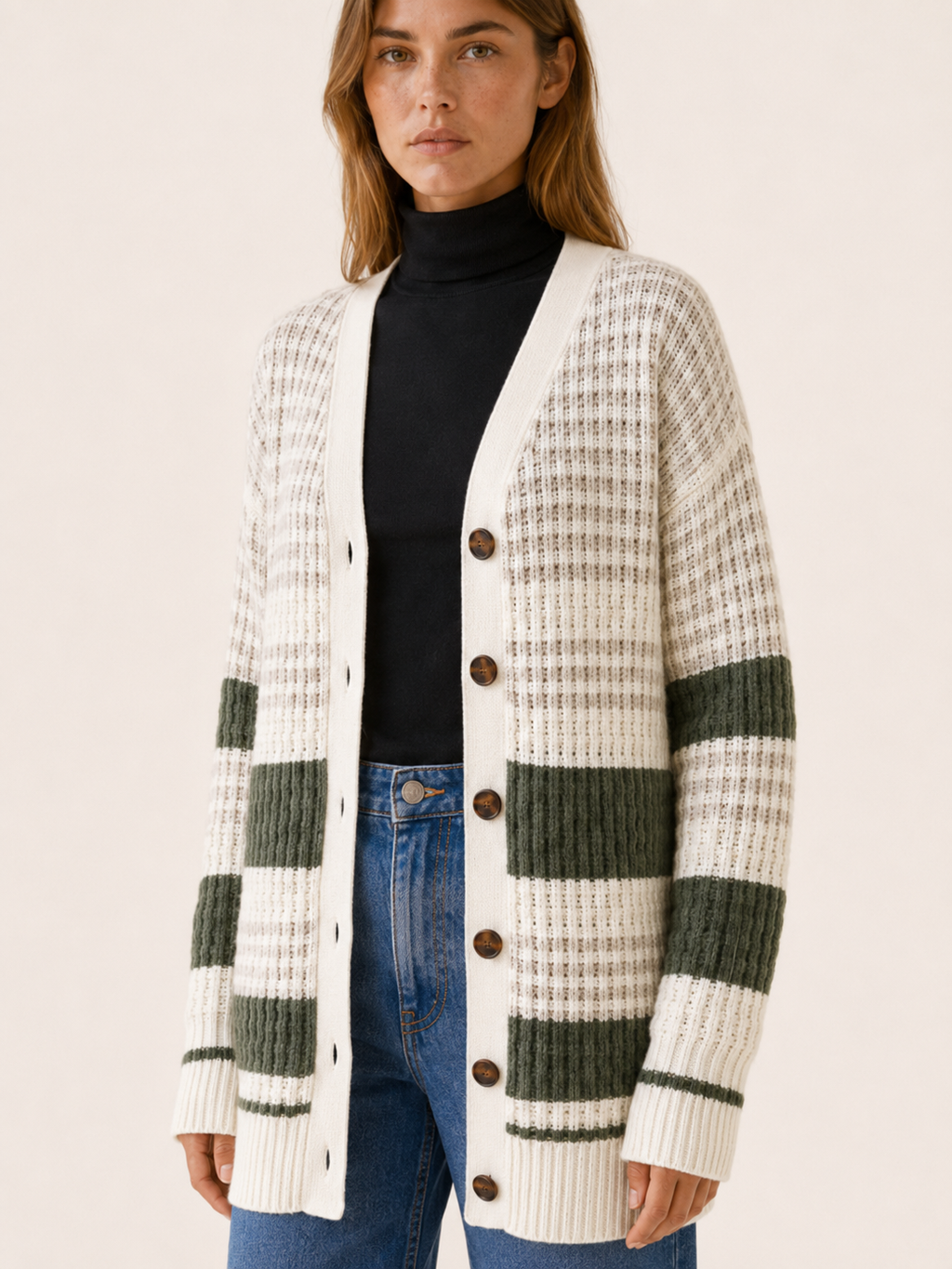 Zanora | Striped Cardigan with Button Front and Patch Pockets