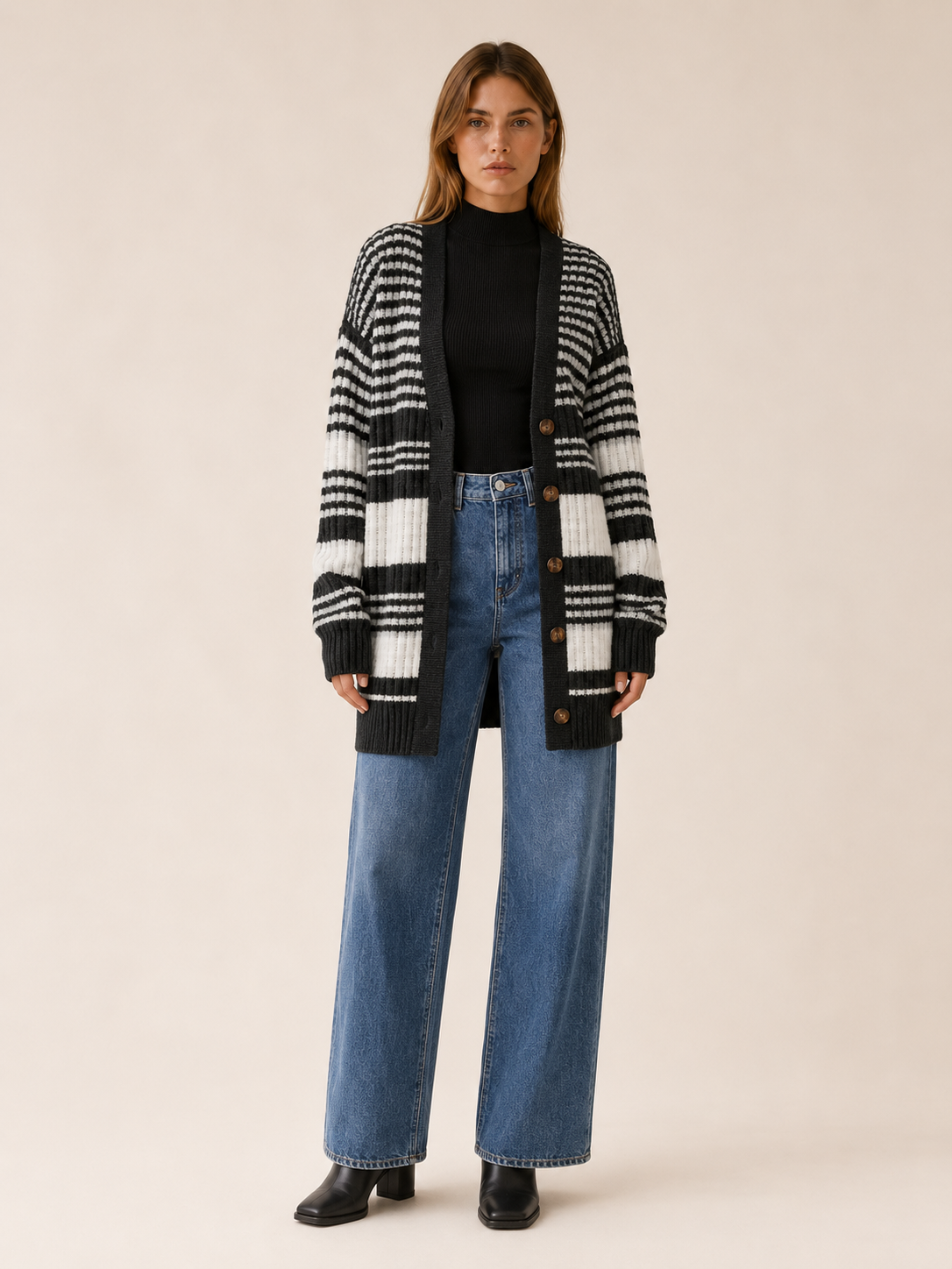 Zanora | Striped Cardigan with Button Front and Patch Pockets