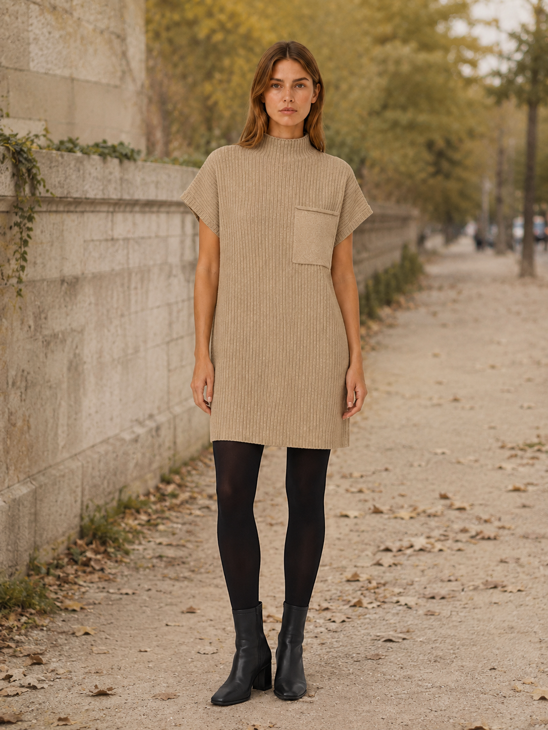 Zephyrelle | Sweater Dress with Short Sleeves and High Neck