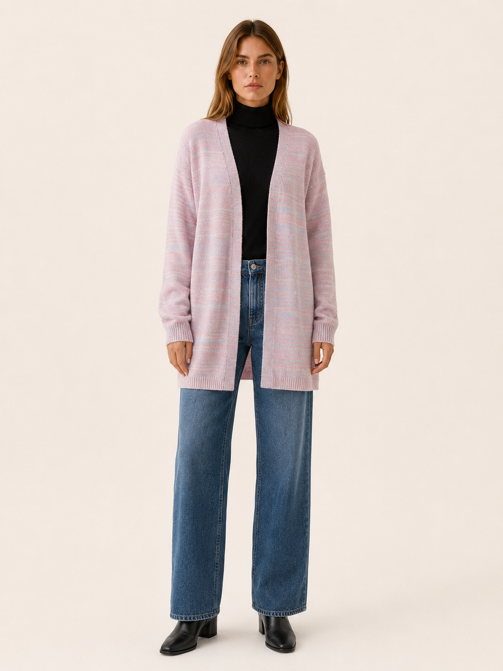 Zevira | Long Cardigan with Open Front and Striped Design