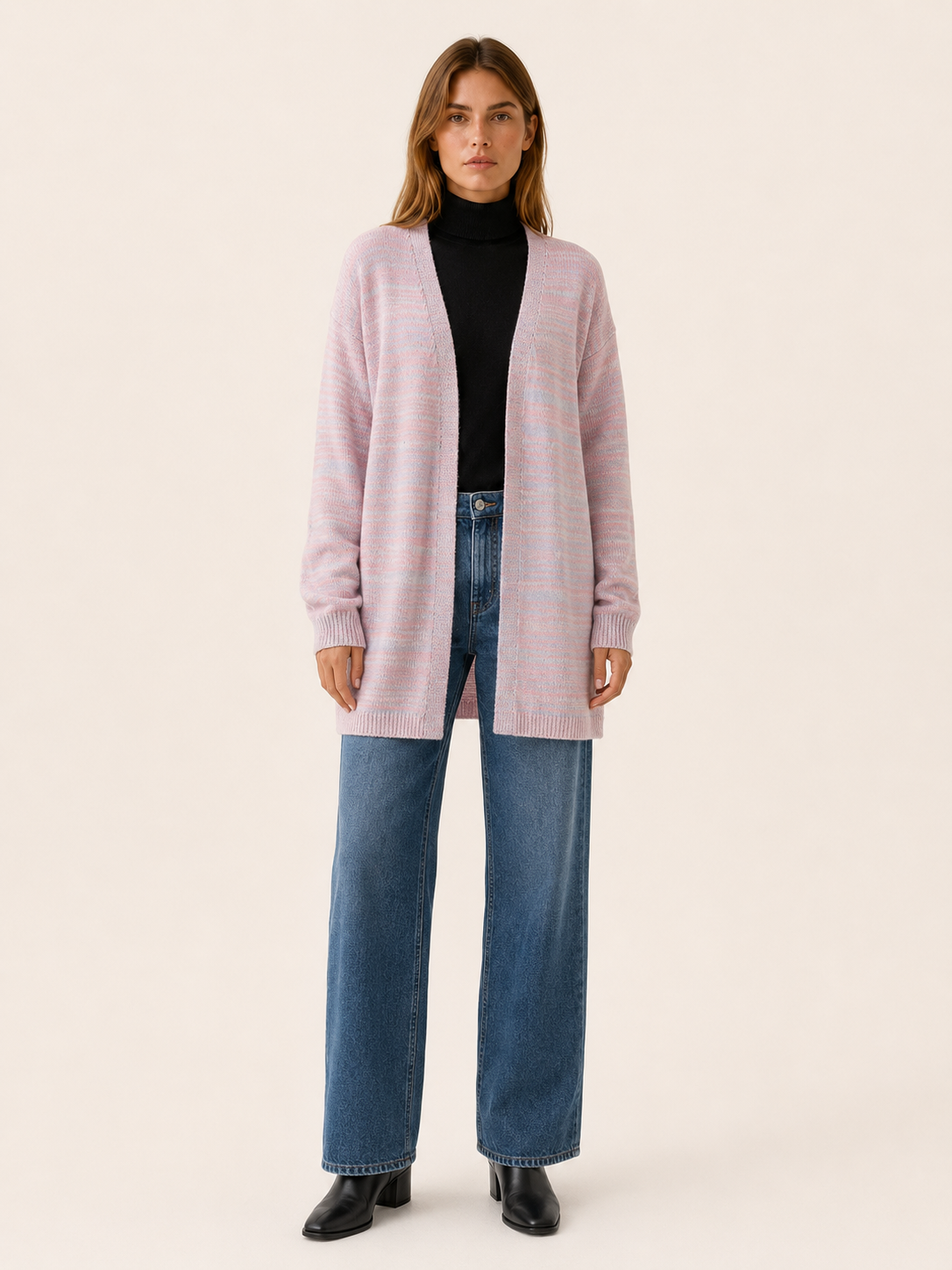 Zevira | Long Cardigan with Open Front and Striped Design